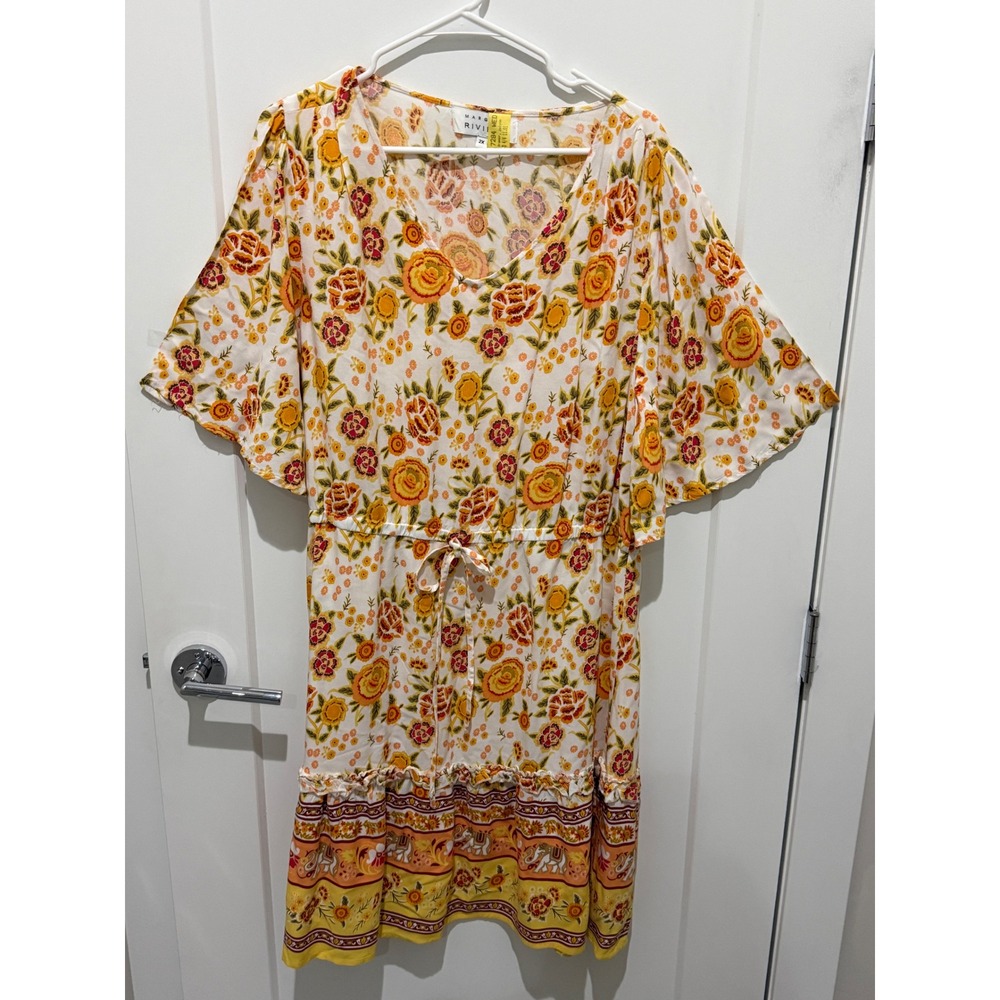 Margaux Riviera Yellow Floral Print Boho Viscose Midi Dress Womens Plus 2X‎
